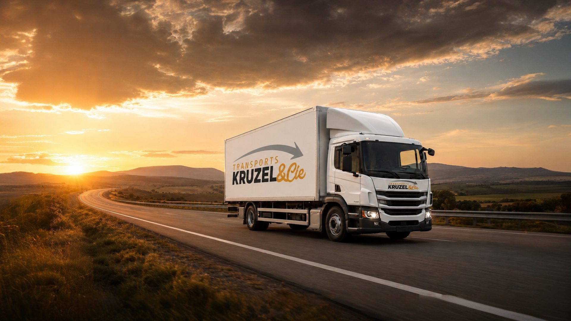 Camion 20 m³ blanc aux couleurs de Transports Kruzel & Cie roulant sur l'autoroute au coucher du soleil
